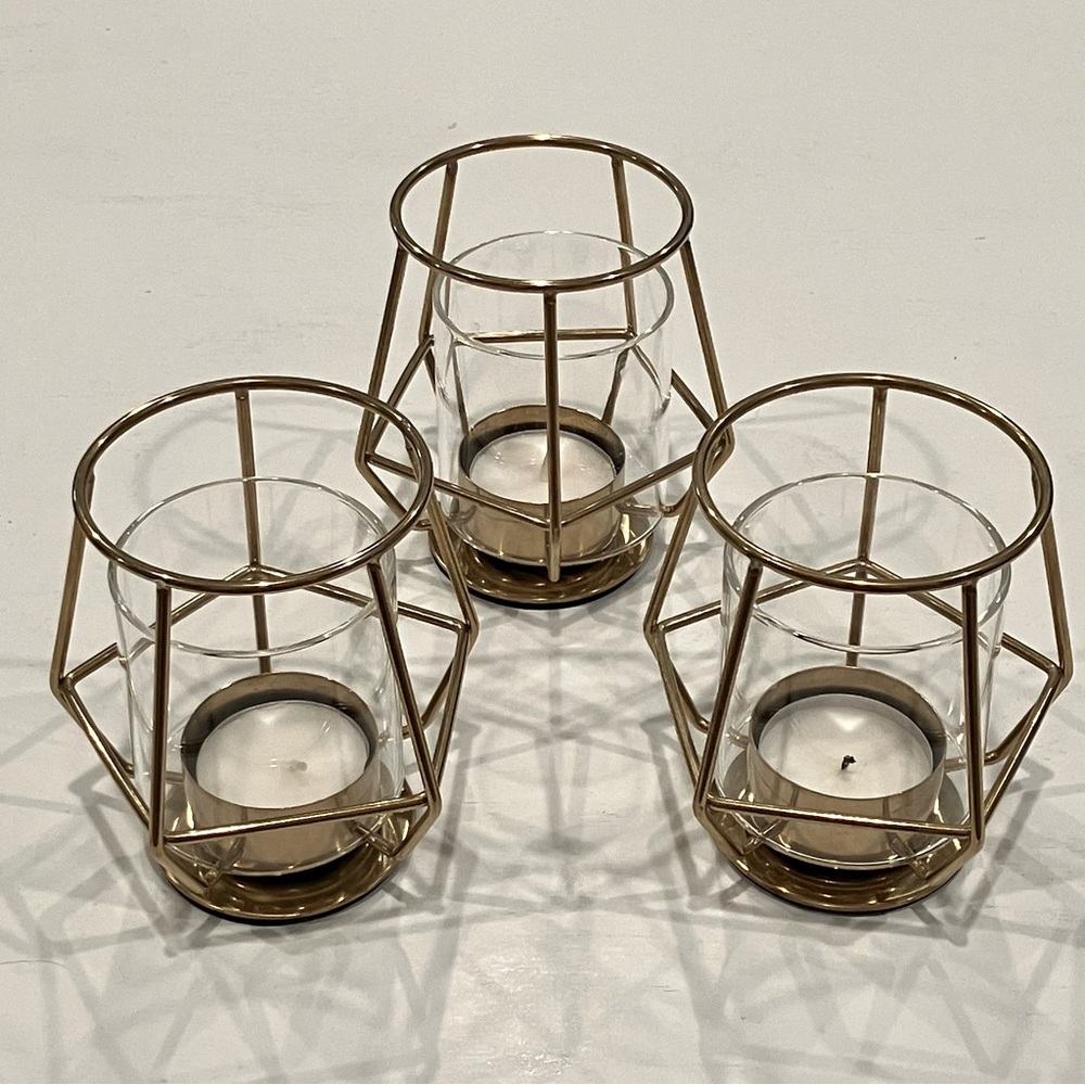 Elegant Gold Candle Holder Trio With Glass Cylinders & Tea Light Candles